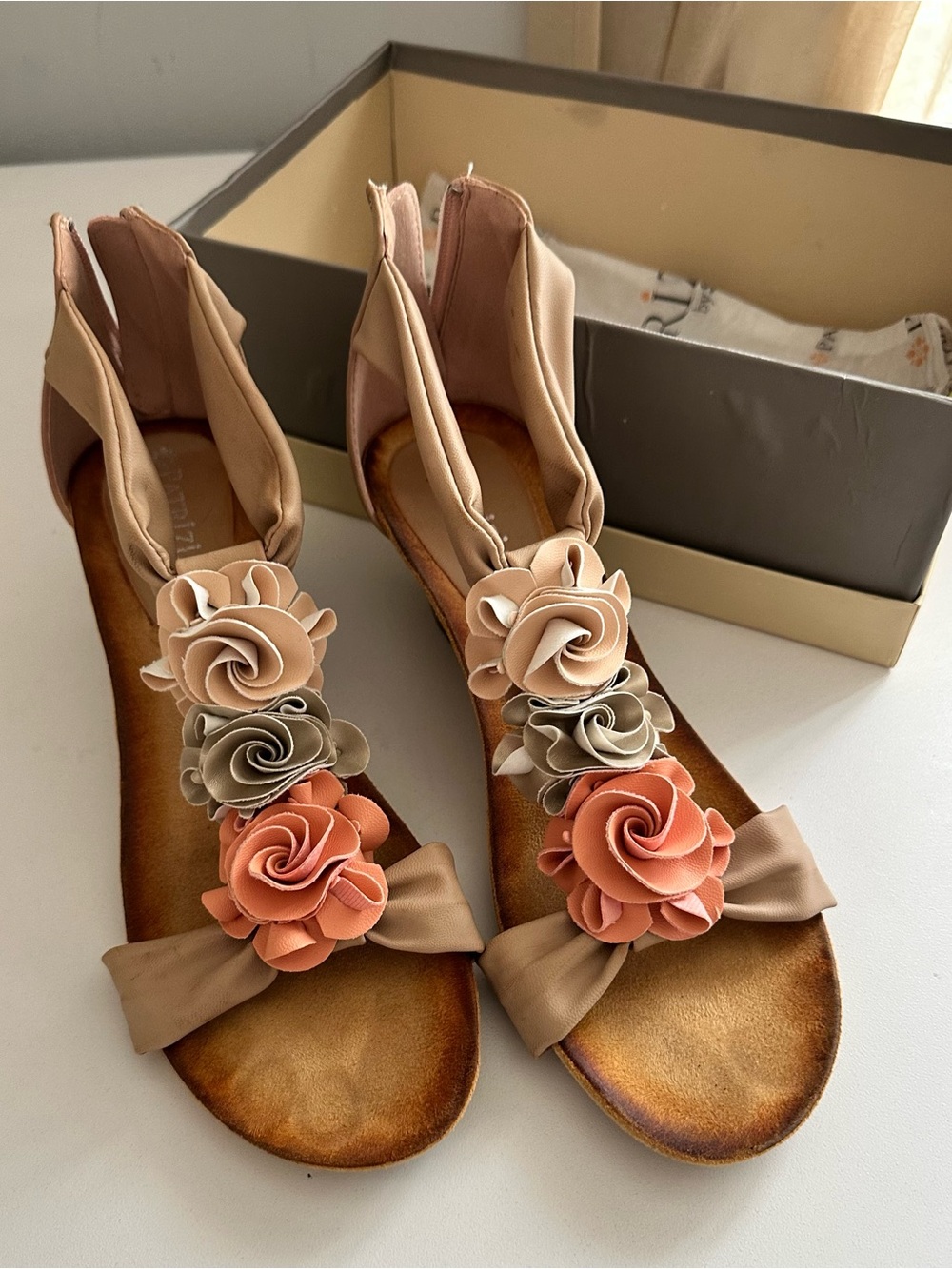 Patricia  Floral Rosette Wedge Sandals - Peach & Beige